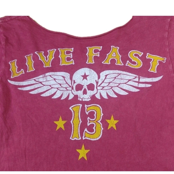 Affliction Y2k Old Glory Flag Baby Tee Woman Sz Med Distresed Red Skull Wings - Picture 4 of 12